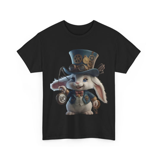 Steampunk Alice in Wonderland White Rabbit Graphic T-Shirt Urban Unisex Cotton T depicting a whimsical rabbit with a pocket watch and stylish attire, ideal for discerning fashion fans.