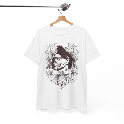 Luxury Men's Zombie Graphic T-Shirt in White with Baroque Designs, showcasing a unique zombie artwork framed within ornate detailing.