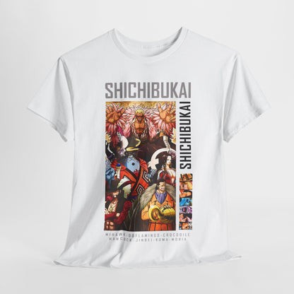 Luxurious One Piece Shichibukai men's t-shirt featuring an intricate graphic design of iconic anime characters, ideal for fashion-forward fans.