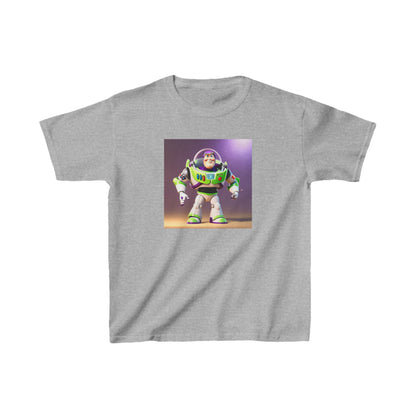 Kids Buzz Lightyear Heavy Cotton T-Shirt in chic grey, adorned with a captivating image of Buzz Lightyear, perfectly crafted for young explorers valuing both comfort and fashion.