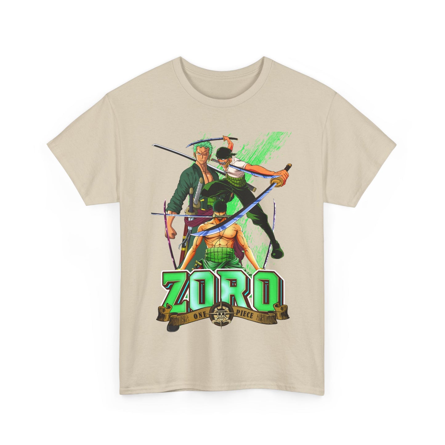 Refined beige t-shirt adorned with a striking illustration of Zoro from One Piece, merging artistry and style for the fashionable anime aficionado.