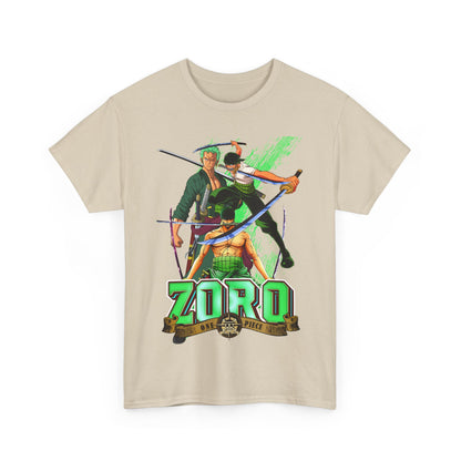 Refined beige t-shirt adorned with a striking illustration of Zoro from One Piece, merging artistry and style for the fashionable anime aficionado.