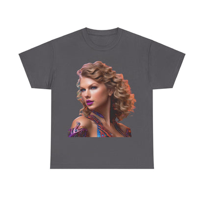 Elegant Swifties psychedelic Taylor Swift Heavy Cotton Tee in grey, showcasing a captivating image of Taylor Swift, perfect for fans who appreciate luxury and style.