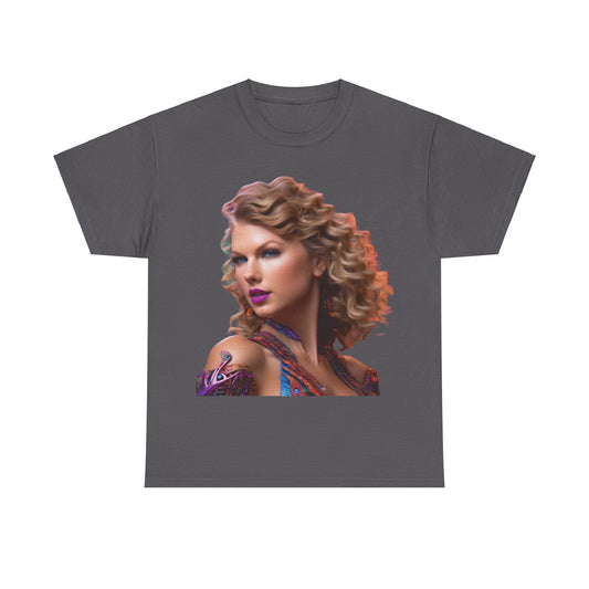 Elegant Swifties psychedelic Taylor Swift Heavy Cotton Tee in grey, showcasing a captivating image of Taylor Swift, perfect for fans who appreciate luxury and style.