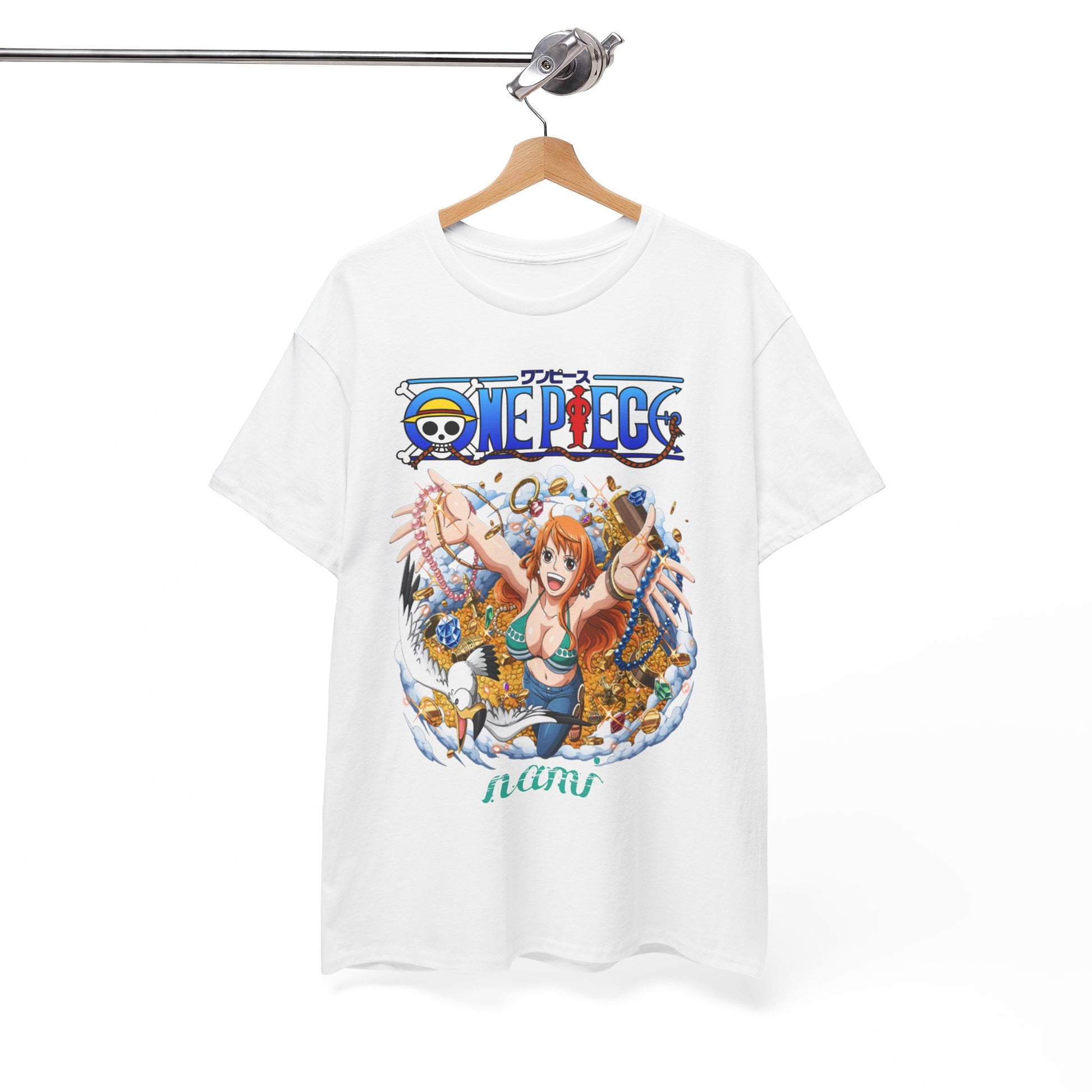 Luxurious white Epic Men’s T-Shirt featuring a vibrant anime illustration of a character surrounded by treasures, embodying an adventurous spirit from a popular anime series.