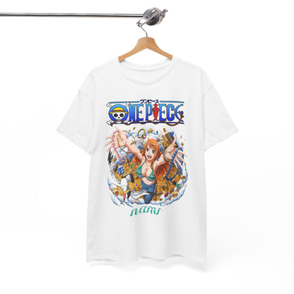 Luxurious white Epic Men’s T-Shirt featuring a vibrant anime illustration of a character surrounded by treasures, embodying an adventurous spirit from a popular anime series.