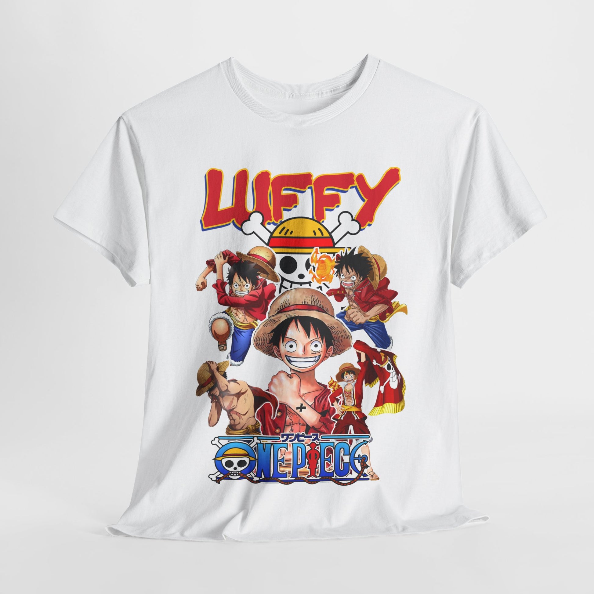 White t-shirt featuring a dynamic 'One Piece' graphic illustrating vibrant characters in a playful arrangement, ideal for casual and stylish wear.