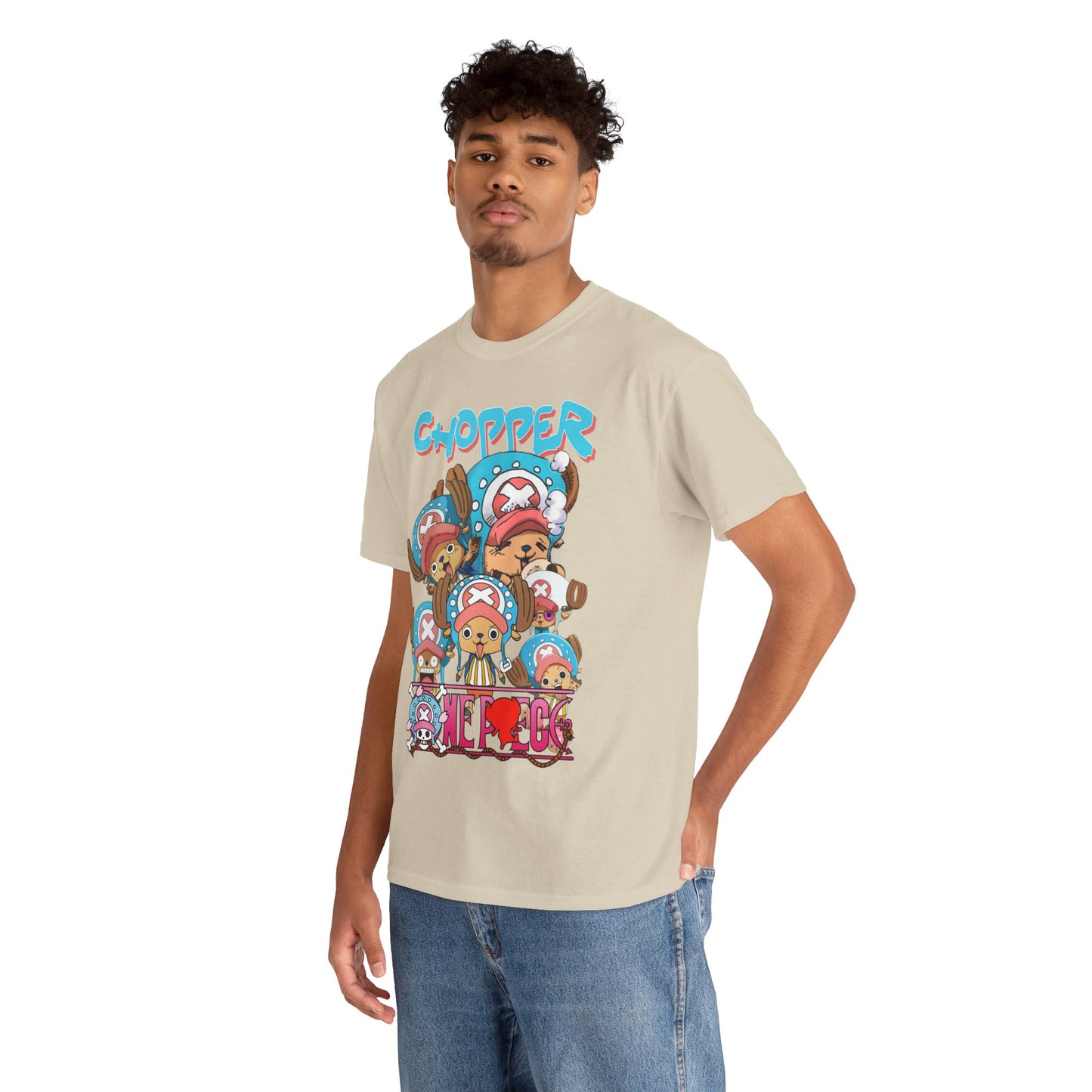Stylish male model displaying a chic Chopper graphic t-shirt, embodying contemporary anime fashion while exuding sophistication.