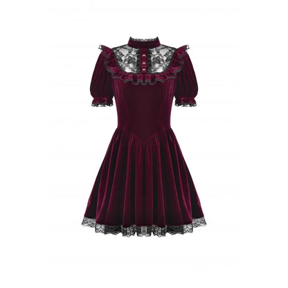 Back view of the Ophelia Burgundy Velvet Goth Dress with decorative button details and zipper closure, combining sophistication and style.