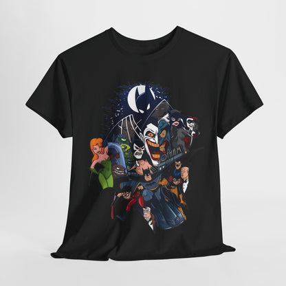 Gotham Vibes Batman DC Comics Graphic T-Shirt in black, showcasing a dynamic graphic of Batman and iconic villains and heroes from Gotham City, perfect for stylish comic book enthusiasts.