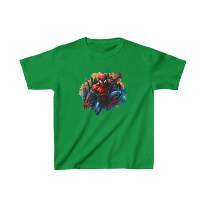 Child's Unleash Your Inner Hero: Spider-Man Unisex Graphic Tee Shirt Kids in vibrant green featuring Spider-Man in an action-packed pose against a stylised New York City backdrop.