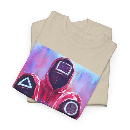 Premium quality stacked graphic t-shirts featuring the bold Squid Game design, elegantly folded to showcase the intricate details and vibrant hues.