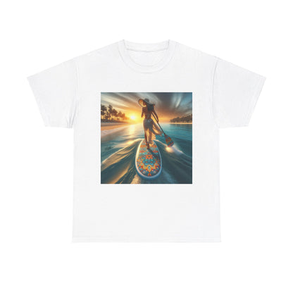 Detail shot of the Luxury Paddle Board T-Shirt by Dazzling Dreams Studio, showcasing high-quality materials and unique design perfect for comfort and style during water adventures.