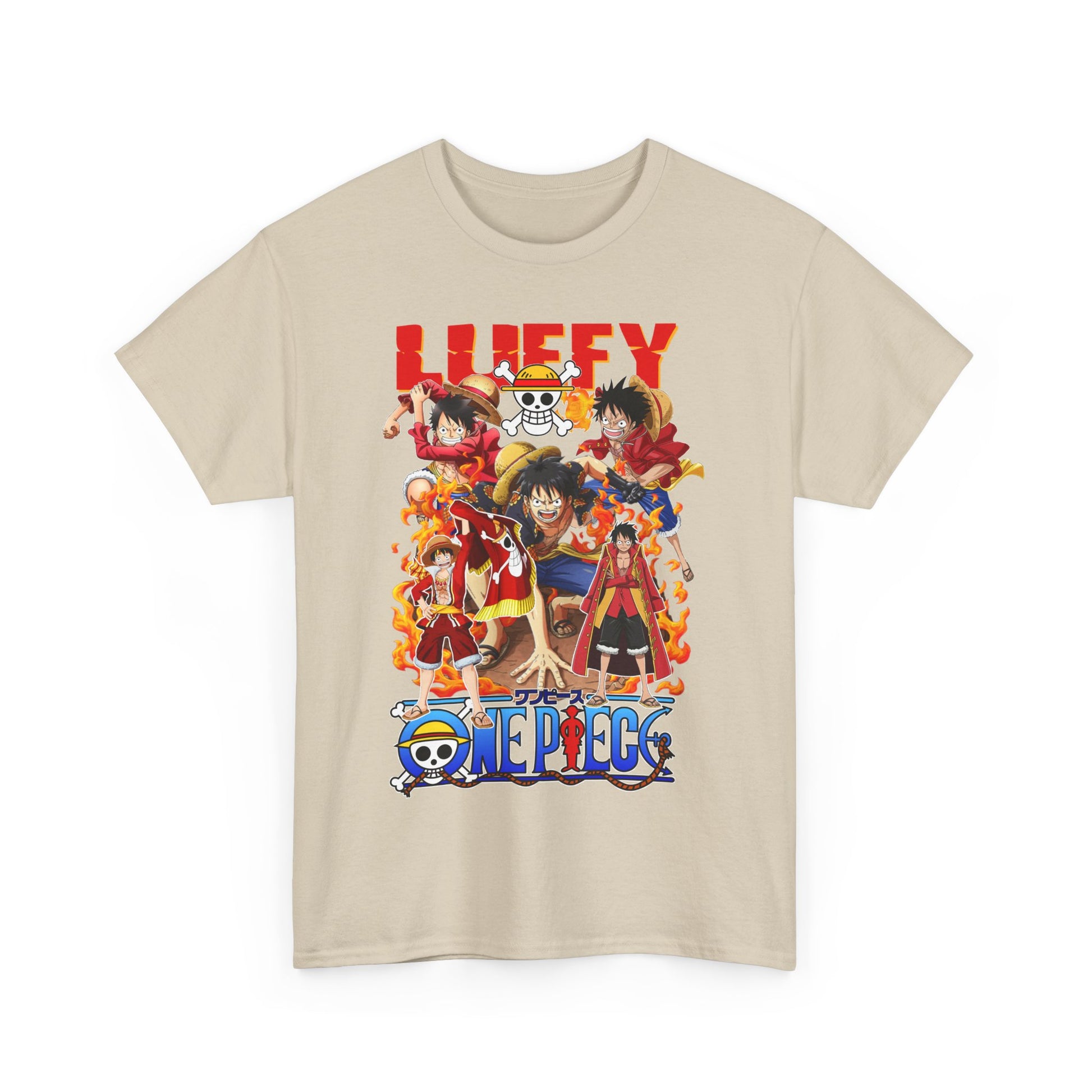 Luxury beige t-shirt featuring vibrant anime artwork of Luffy and iconic characters from the anime One Piece, designed to captivate anime enthusiasts with its energetic and dynamic visuals.