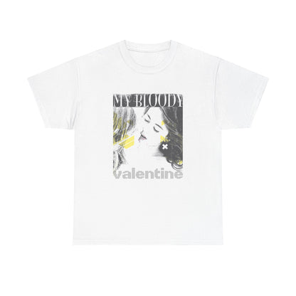 Luxurious white men's t-shirt featuring a bold graphic design of a dramatic woman portrait with the text 'MY BLOODY valentine', ideal for fashion-forward individuals.