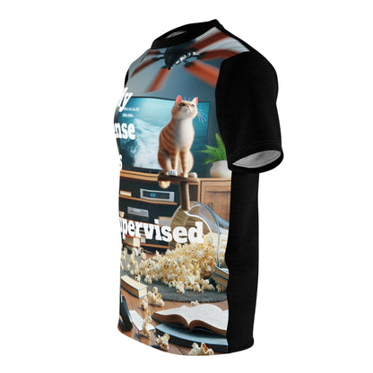 Stunning whimsical illustration of a living room featuring a playful cat and elegant decor by Dazzling Dreams Studio, showcasing the artistic essence of the Unsupervised Chaos Tee.