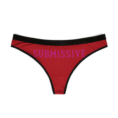 Luxury women's thong in vibrant red featuring bold purple lettering "SUBMISSIVE", designed for playful intimate moments.