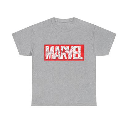 Refined unisex 'MARVEL' graphic tee offered in a rich grey shade, prominently displaying captivating red font complemented by stylized superhero imagery, perfect for sophisticated fans.