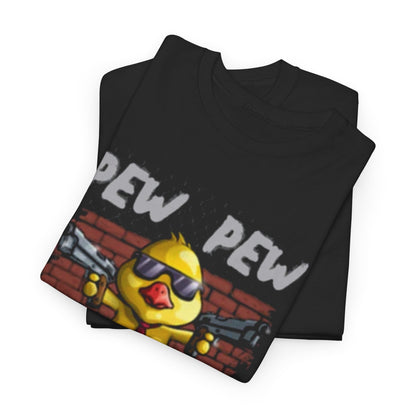 Elegant stacked view of the Funny Chicken T-Shirt showcasing a cartoon gangster chicken, with a vibrant design featuring 'PEW PEW MADAFAKAS!' text on a premium black fabric.