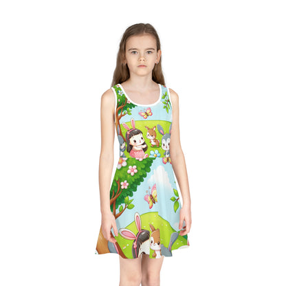 A young girl twirling in the Felicity Tumbleweave Girls Summer Sundress by Dazzling Dreams Studio, highlighting its breathable fabric and vibrant design perfect for summer outings.