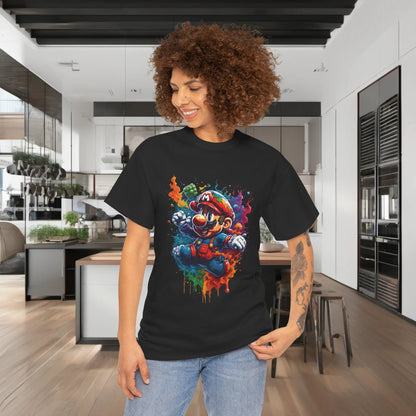 Sophisticated model wearing a luxurious black unisex cotton Computer Game Character Graphic T-Shirt, depicting a vibrant gaming character, perfect for effortless urban elegance.