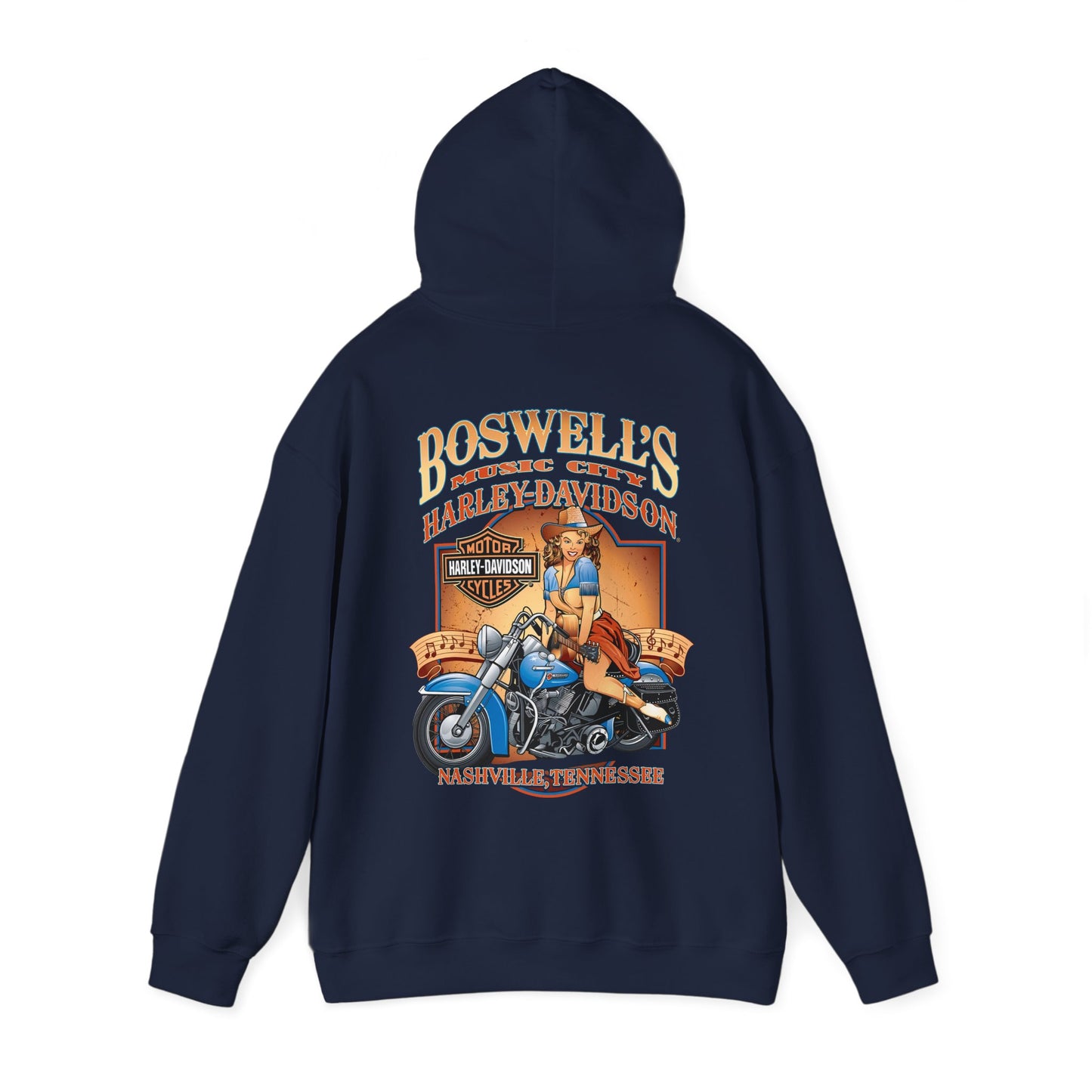 Luxurious navy hoodie featuring an intricate pin-up design on the back with Boswell's Music City and Harley-Davidson branding, crafted for individuals who embrace elegance and adventure.
