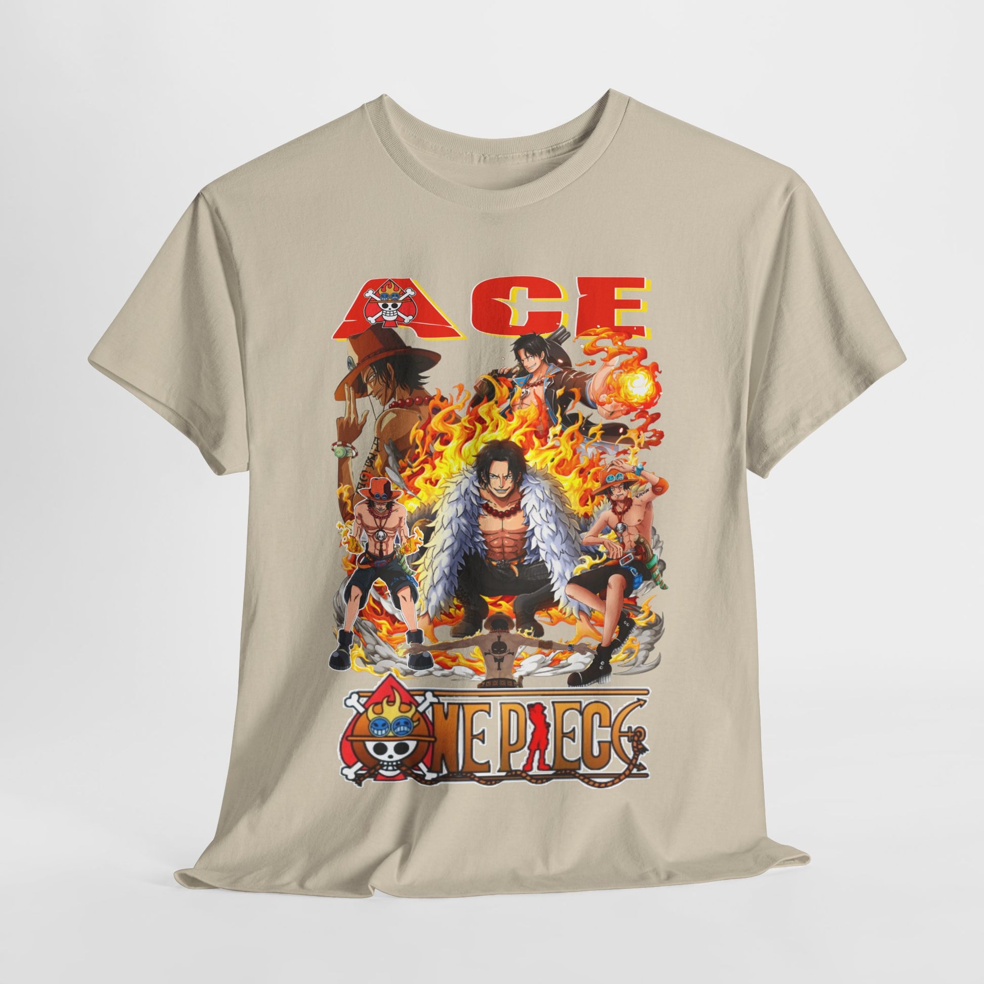 Dynamic view of a luxurious beige anime graphic t-shirt with a striking Ace design from One Piece, showcasing a blend of adventure and style.