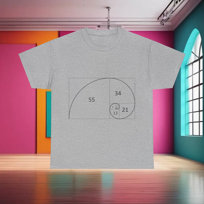 Fibonacci Spiral Space Tee in dark grey, set against a vibrant backdrop, showcasing the striking Fibonacci spiral design, a perfect statement piece for lovers of mathematics and fashion.
