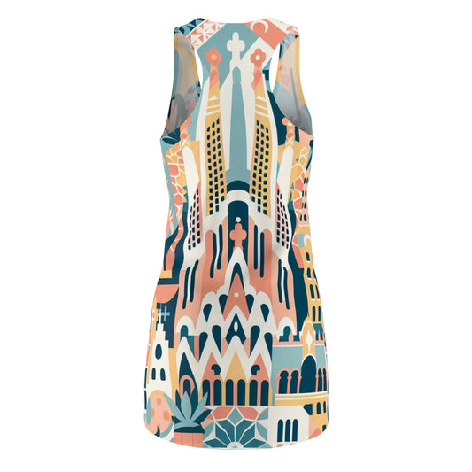 Close-up of the unique pastel pattern on the Adelina Beauvoir Barcelona Dress, highlighting the intricate designs inspired by iconic Barcelona landmarks and Gaudi's artistic mosaics.