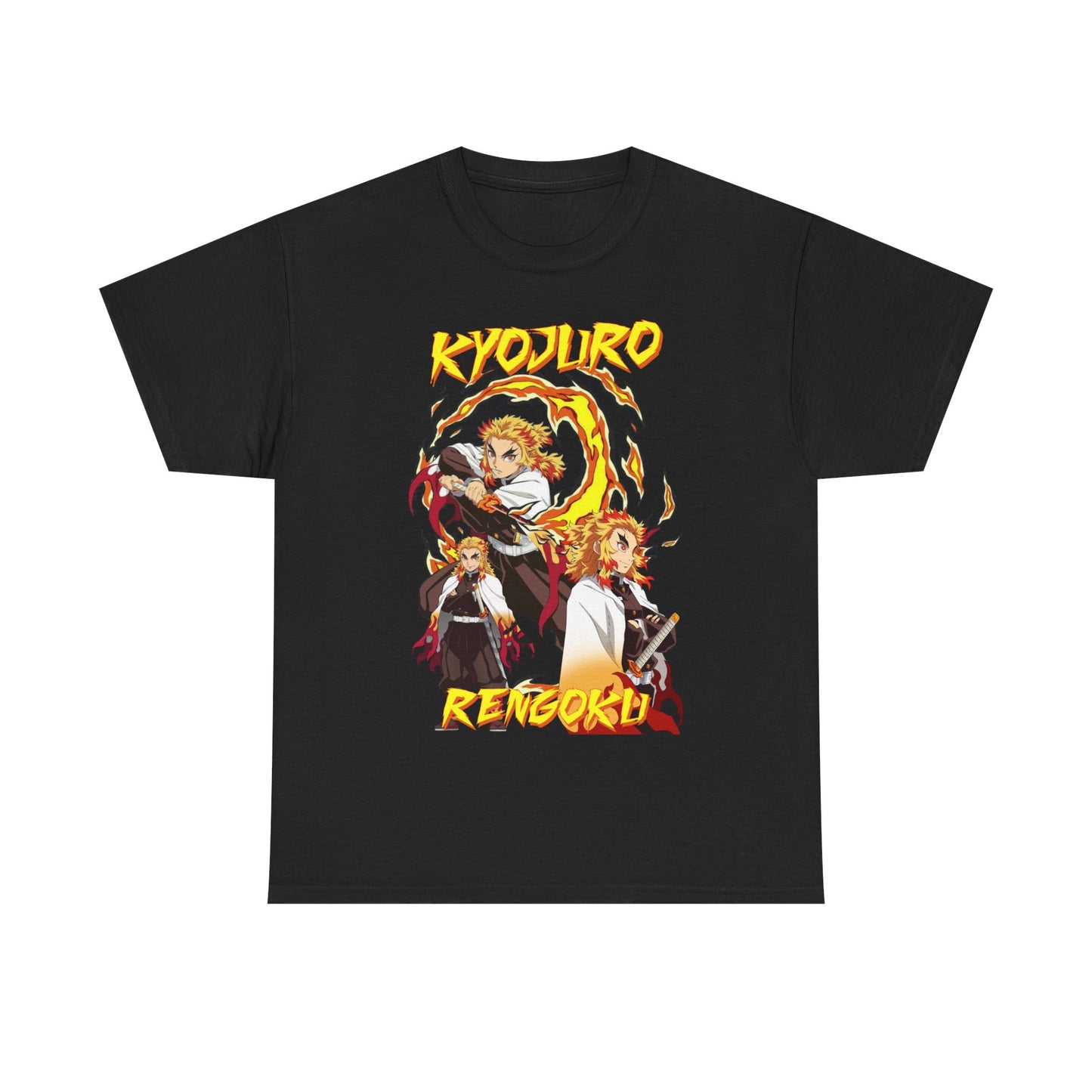 Stylish black Kyojuro Rengoku t-shirt showcasing vibrant graphics of the prominent anime character, exuding a fusion of artistry and luxury, perfect for fashion-forward fans.