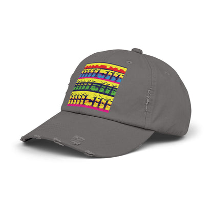 A dynamic side view of the Unisex Distressed Paddleboarders Cap in grey, adorned with vibrant paddleboarding artwork, designed for fashionable sun protection.