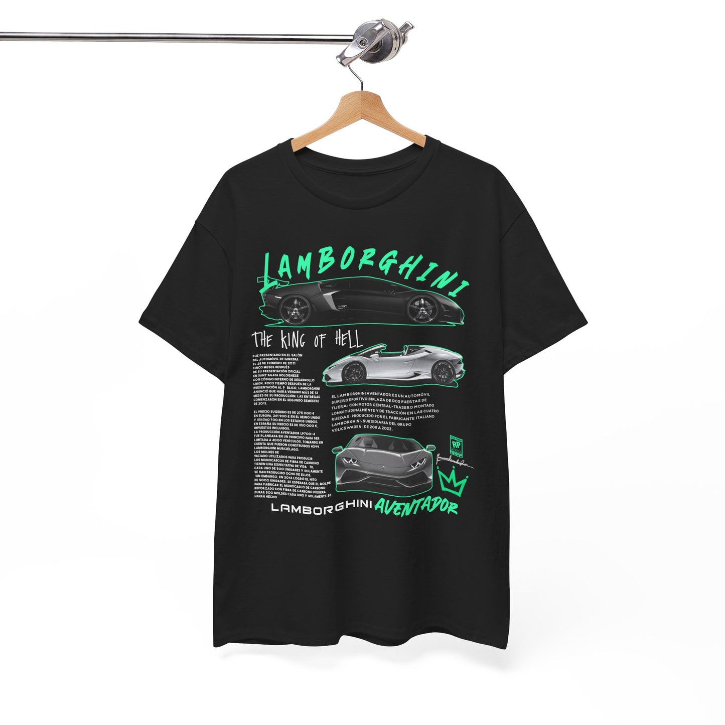 Sophisticated Lamborghini Aventador tee displayed on a hanger, showcasing the bold design and vibrant images of the high-performance luxury vehicle.