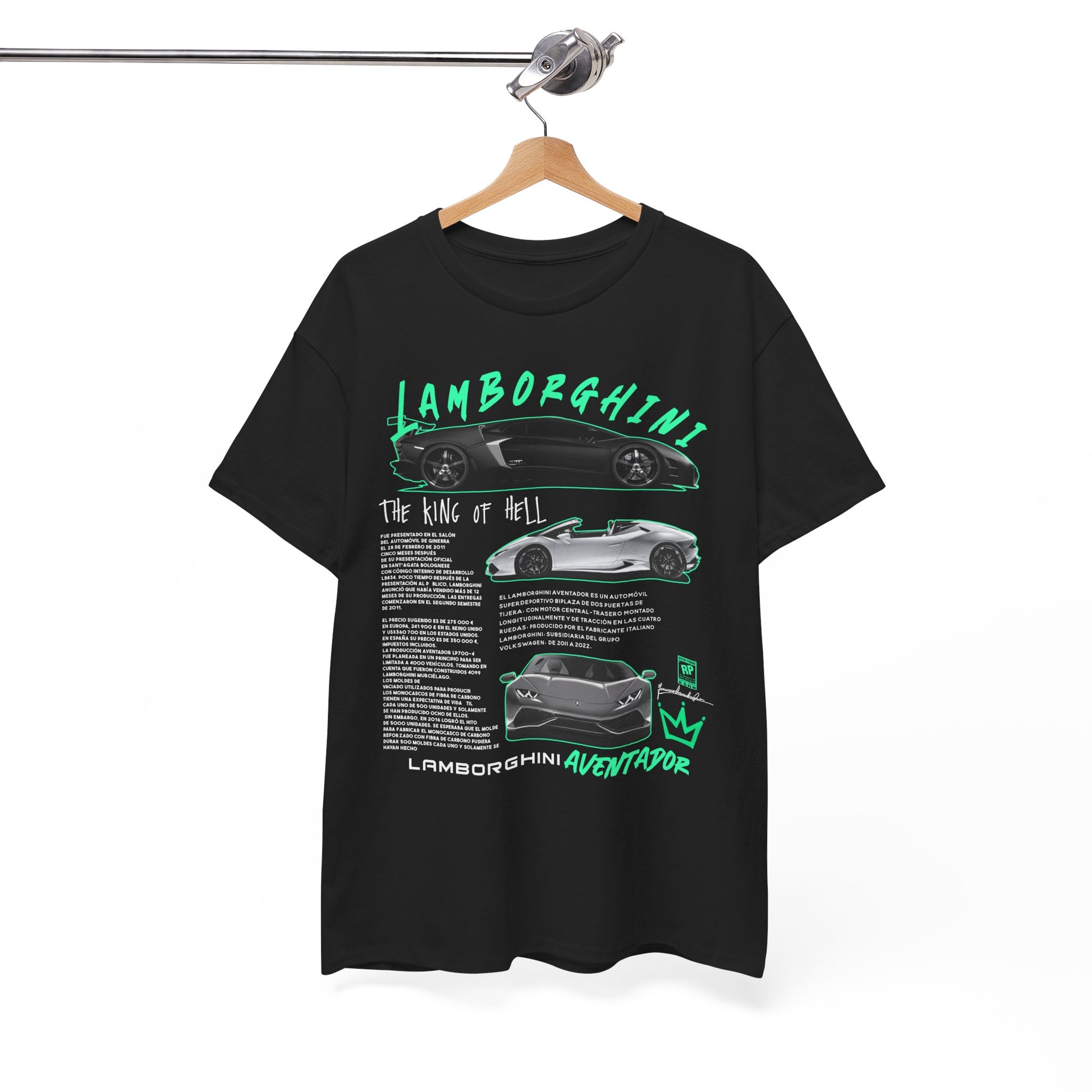 Sophisticated Lamborghini Aventador tee displayed on a hanger, showcasing the bold design and vibrant images of the high-performance luxury vehicle.