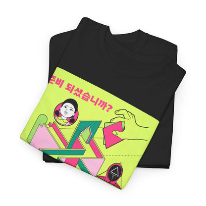 Stylish duo of Squid Game-themed black T-shirts stacked, showcasing a playful maze graphic with pastel colours, ideal for those seeking a unique blend of comfort and statement fashion.