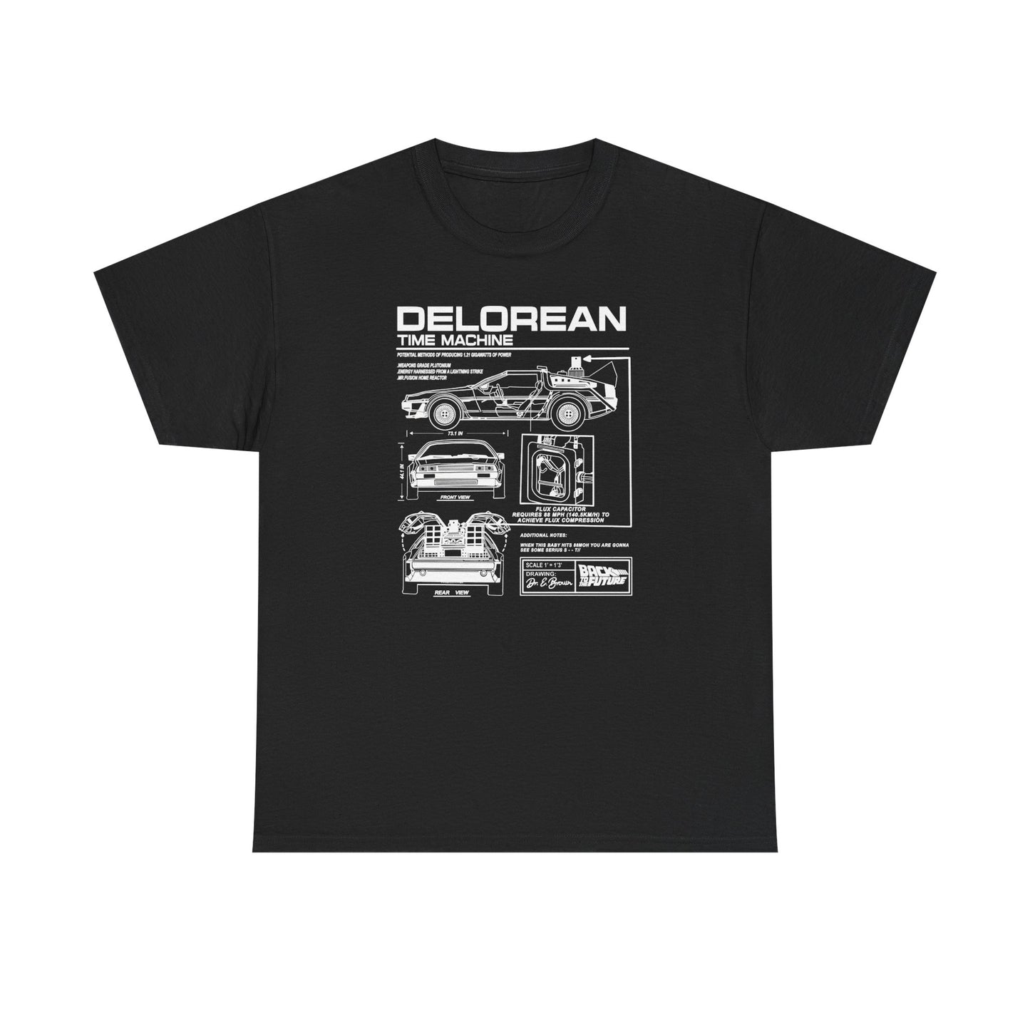 Men's luxury t-shirt featuring a detailed blueprint design of the DeLorean time machine from Back to the Future, showcasing front, rear, and side views, perfect for fans of classic cinema and innovative engineering.
