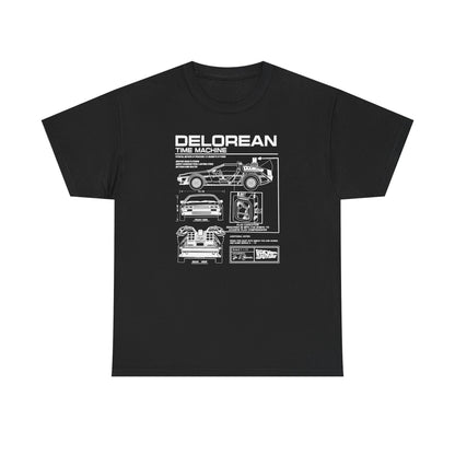 Men's luxury t-shirt featuring a detailed blueprint design of the DeLorean time machine from Back to the Future, showcasing front, rear, and side views, perfect for fans of classic cinema and innovative engineering.