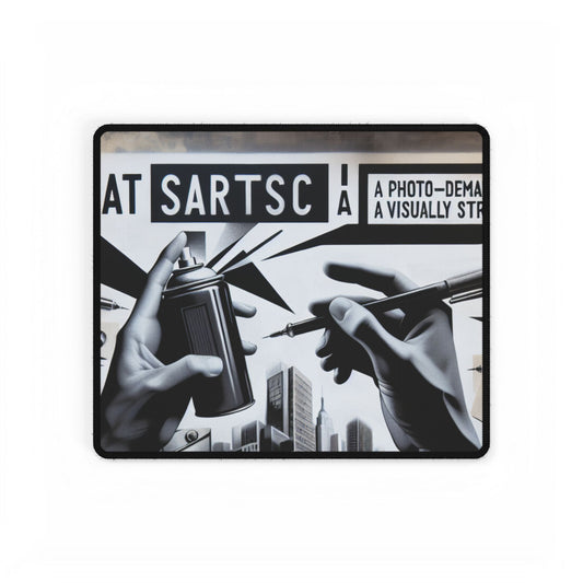 BanksyGroove UrbanScape Desk Mat showcasing a detailed illustration of hands in action with a spray can and a pen, surrounded by artistic elements that reflect contemporary urban culture.