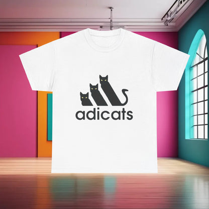 Premium Adicats Logo Graphic T-Shirt featuring a sleek design with three stylish black cats, ideal for urban streetwear enthusiasts.