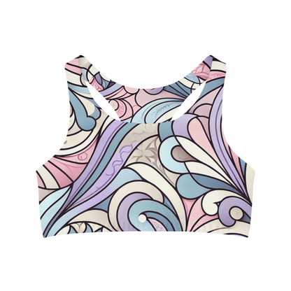 Chic Aria Bellefonte Sports Bra in a modern pastel pattern, showcasing its luxurious design and comfort for active wear.