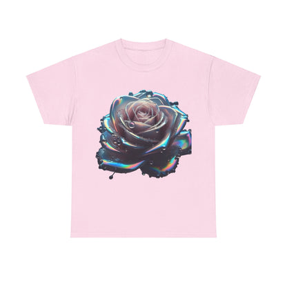 Ethereal Rose Tee Unisex Graphic T-Shirt displaying an iridescent floral design on a soft pink background, combining elegance with modern style.