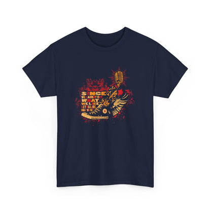 Artistic graphic t-shirt for men, displaying a vibrant design featuring sneakers and a vintage microphone, embodying urban sophistication and individual expression.