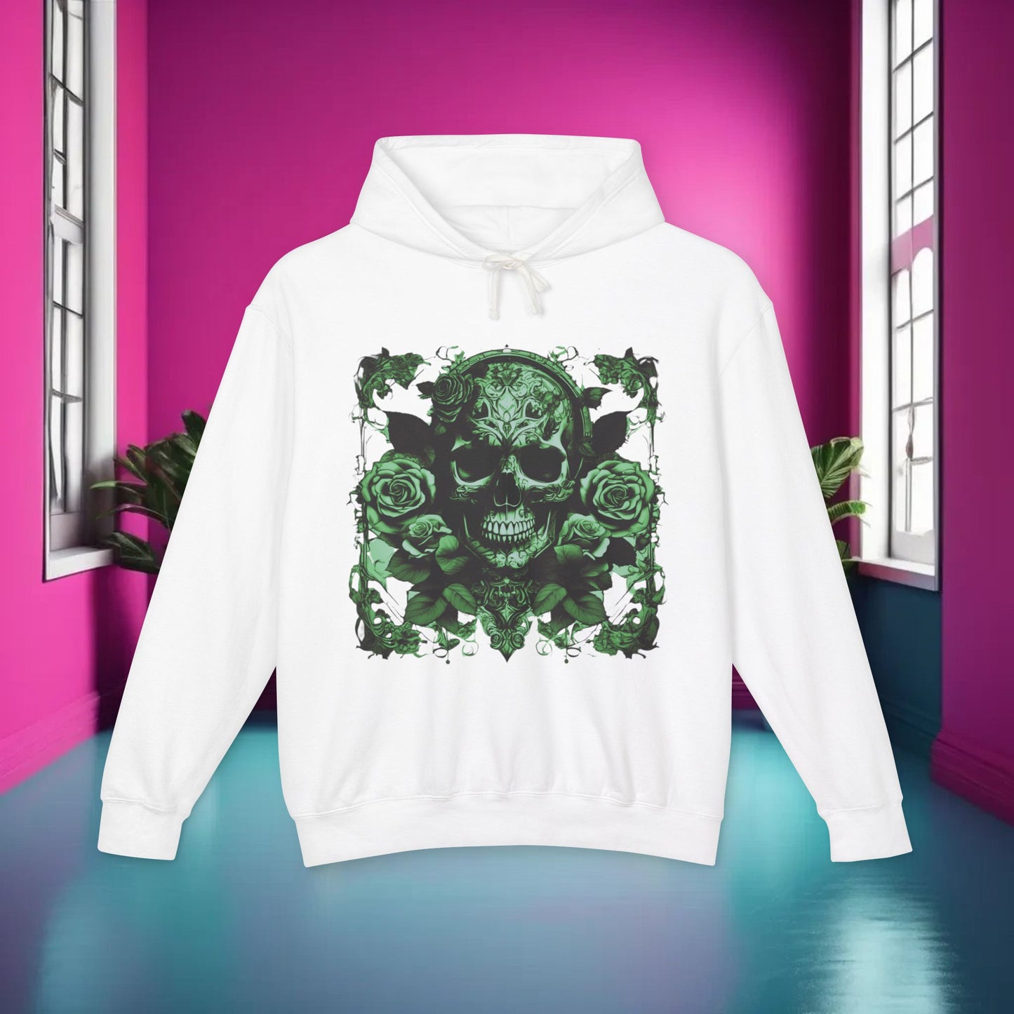 Skull and Roses Lightweight Hoodie, Unisex Edgy Designer Sweatshirt, Hipster