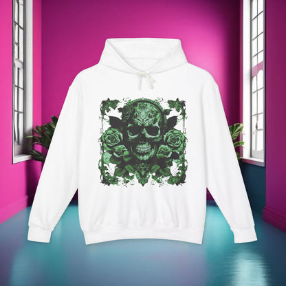 Front view of a Skull and Roses Lightweight Hoodie featuring a vibrant skull print on a white background, embodying luxury and style.