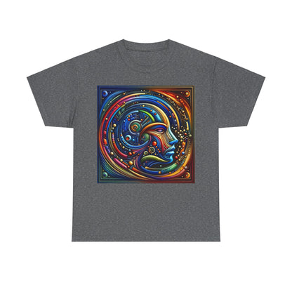Stained Glass Dreams Unisex T-Shirt featuring a vibrant, abstract design of a face surrounded by intricate patterns in a mix of colours, perfect for art lovers.