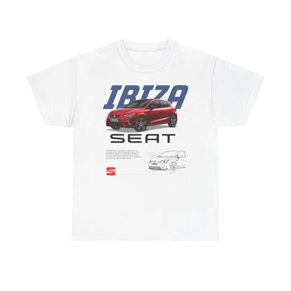 Luxurious white men's t-shirt featuring a striking SEAT Ibiza design, showcasing a bold red hatchback alongside stylish text, perfect for car enthusiasts.
