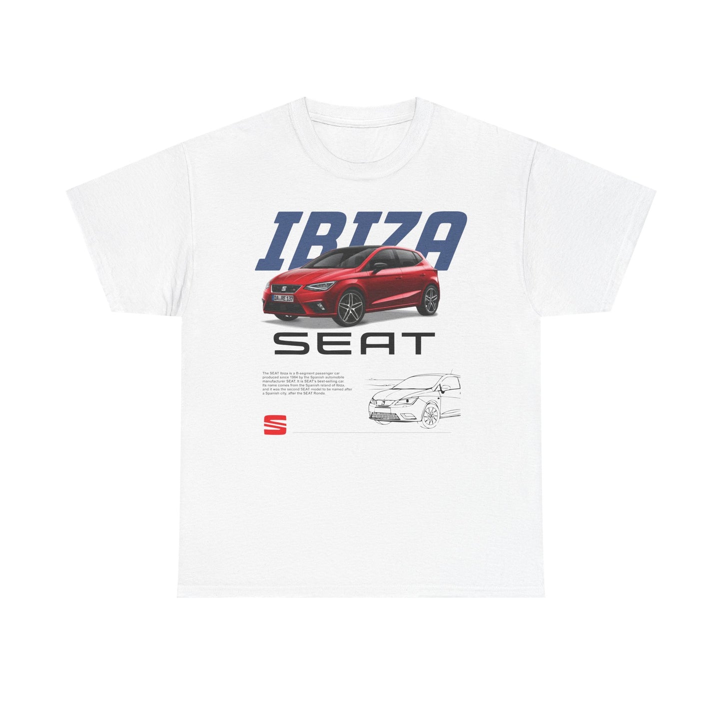 Luxurious white men's t-shirt showcasing a stylish SEAT Ibiza graphic, featuring a vibrant red hatchback design and elegant typography, perfect for car enthusiasts and a fashionable lifestyle.