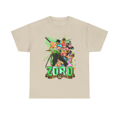 Elegant One Piece Zoro T-shirt in a soft beige tone, showcasing a striking graphic design of Zoro alongside his fellow characters, making it an ideal urban streetwear piece.