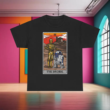 Sophisticated Droids Tarot Card Graphic T-Shirt on display in a vibrant setting, showcasing the iconic C-3PO and R2-D2 design, perfect for casual luxury wear.