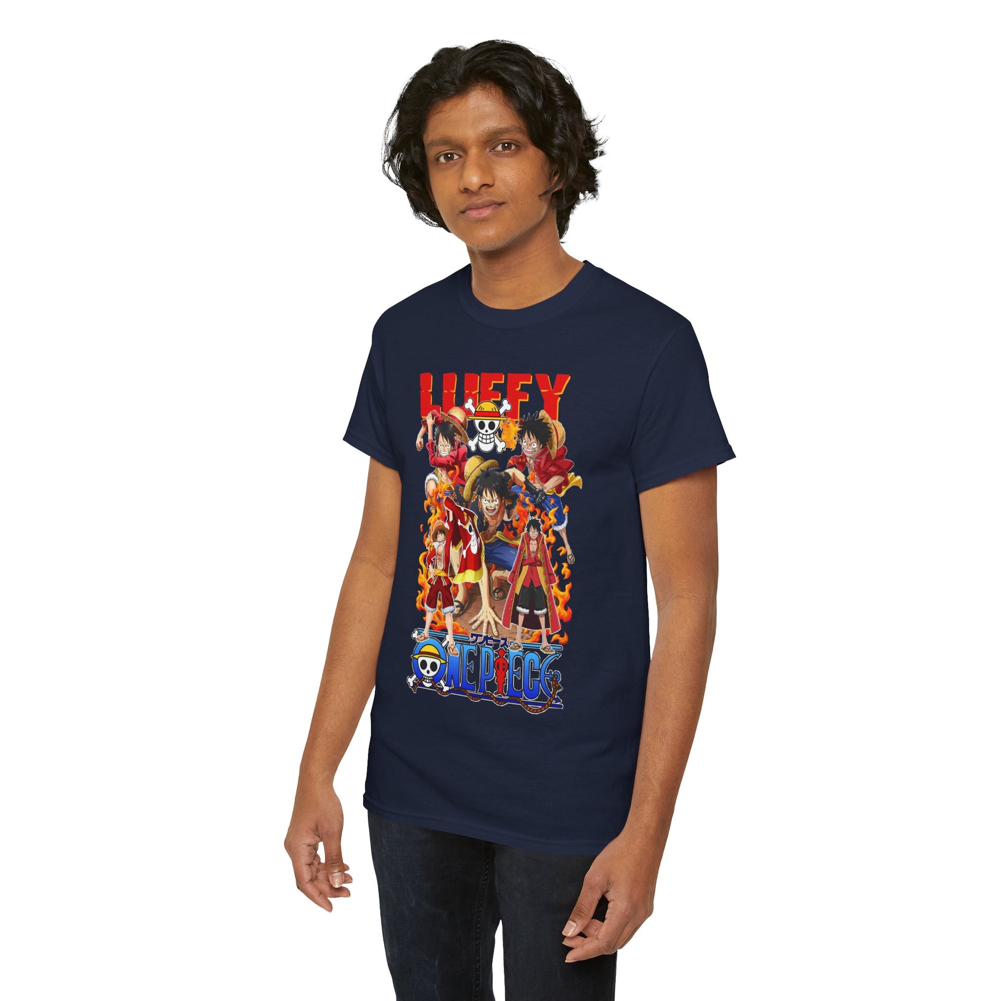 Confident male model wearing a luxurious men's anime t-shirt adorned with detailed character artwork, embodying the spirit of adventure.