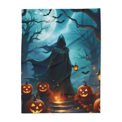 Elegant Decorative and Warm Halloween Spooky Arctic Fleece Blanket capturing an enigmatic figure in a dark cloak lighting the path with a lantern amid glowing pumpkins and a spooky landscape, perfect for sophisticated Halloween decor.